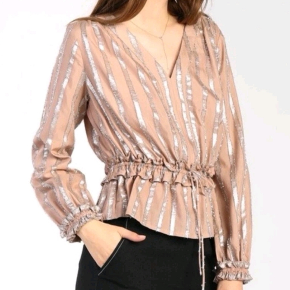 Current Air for Anthropologie Pink Metallic Shimmer Peplum Blouse Small